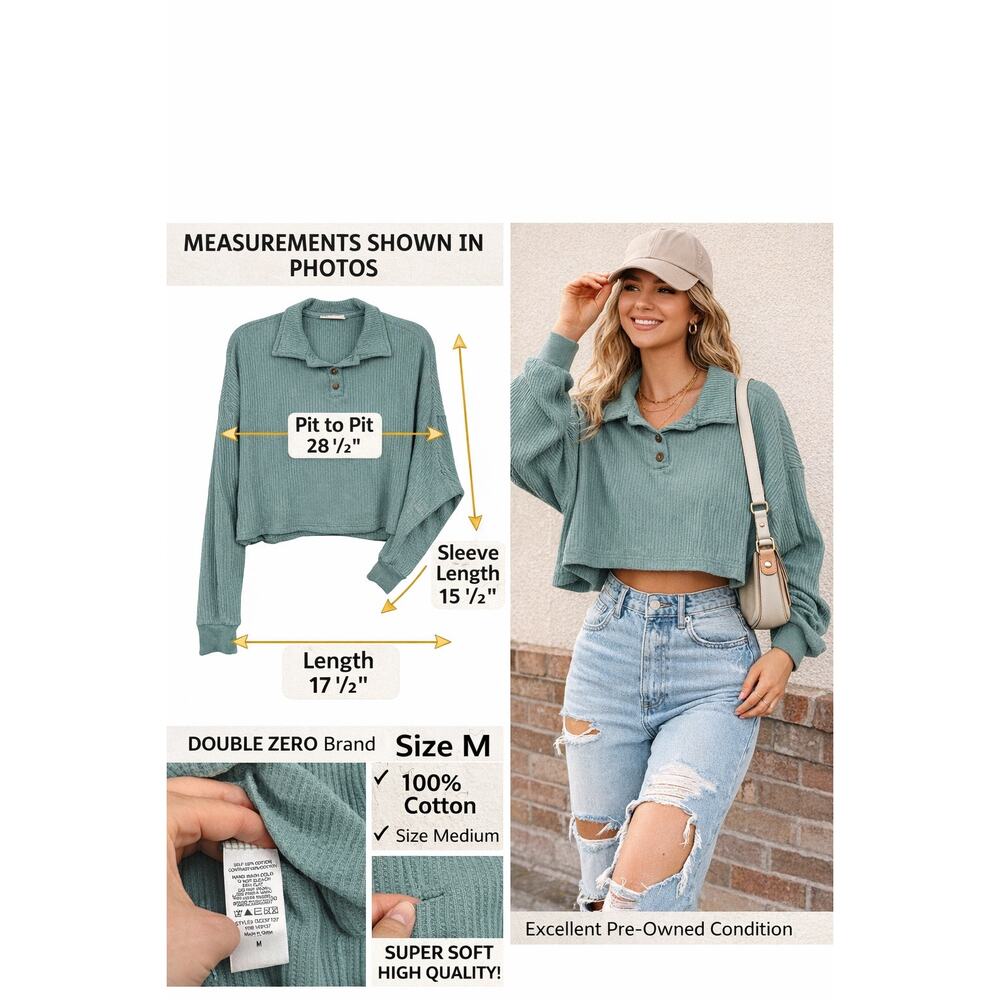Double Zero Sage Green‎ Waffle Knit Cropped Henley Polo Top M Preppy Clean Girl